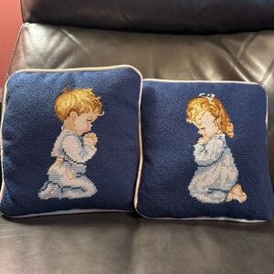Pair of little vintage pillows cross stitch and velvet